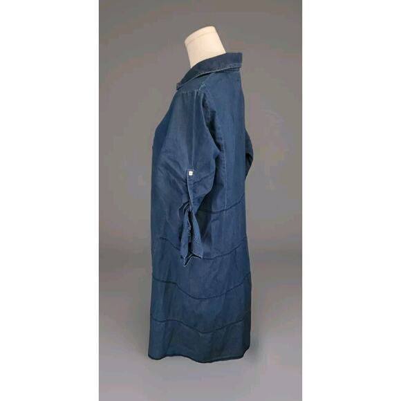 Beyond Threads Denim Shirt Dress Long Tab Sleeve Made In Peru Large Pearl Button - Picture 2 of 5